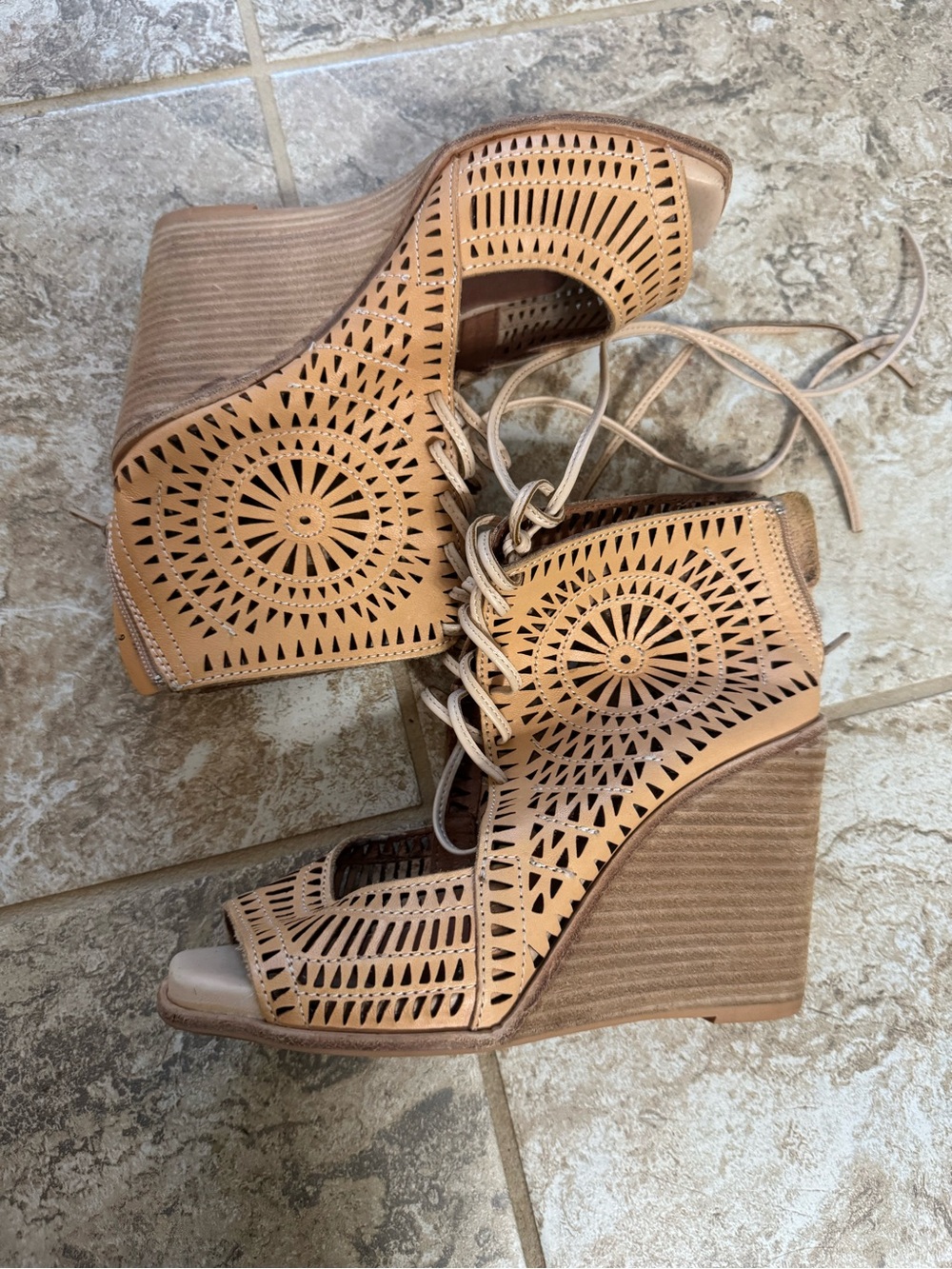 Jeffrey Campbell Laser-Cut Lace-Up Wedge Sandals in Tan